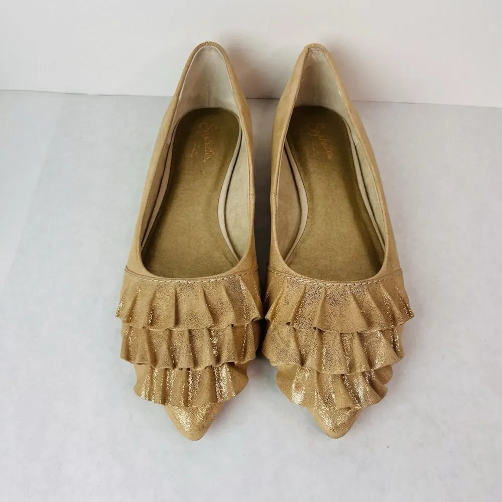 Seychelle Cottagecore Flats size 9 Downstage Gold Ruffle Tiered Shimmer Slip On